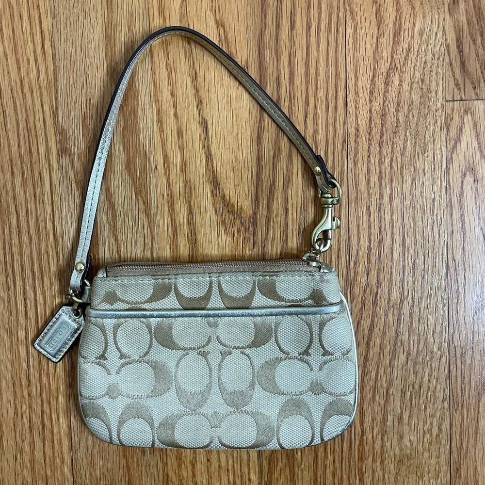 COACH Signature Monogram Small Wristlet Tan Beige - Picture 2 of 12